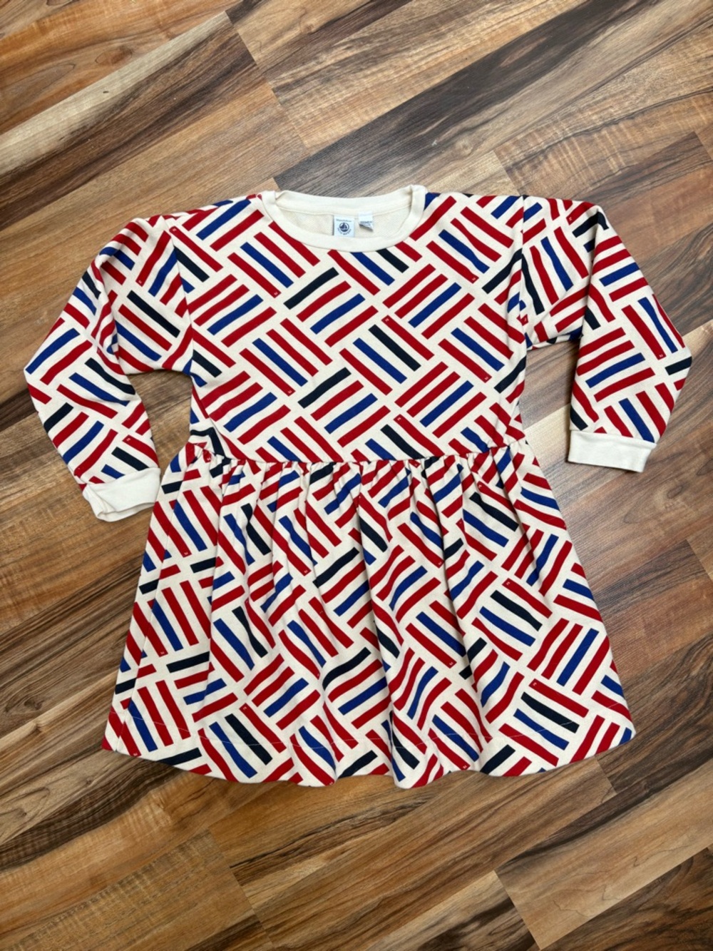 Petit Bateau Cream Dress with Red, Blue & Black Geometric Stripes Kids size 10